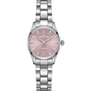 Questa è l'immagine frontale dell'orologio hamilton donna jazzmaster con quadrante rosa, cassa di mm 32 e movimento al quarzo