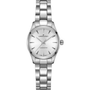 Questa è l'immagine frontale dell'orologio hamilton donna jazzmaster con quadrante argento, cassa di mm 32 e movimento al quarzo