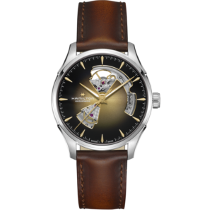 Questa è l'immagine frontale dell'orologio hamilton jazzmaster openheart con quadrante marrone fumè, cassa di mm 40 e cinturino in pelle