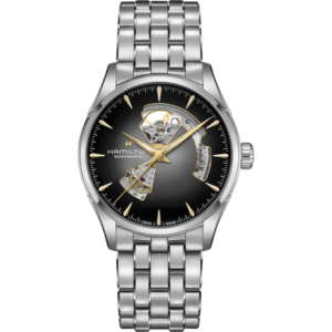 Questa è l'immagine frontale dell'orologio hamilton jazzmaster openheart con quadrante nero fumè con indici soleil e cassa di mm 42