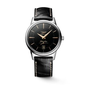 Questa è l'immagine frontale dell'orologio longines flagship heritage con quadrante nero, cassa di mm 38.5 3 cinturino in pelle