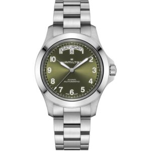 Questa è l'immagine frontale dell'orologio hamilton khaki Field King Day-date 40 mm con quadrante verde e movimento automatico