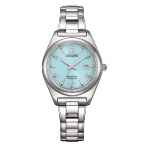QUESTA è L'IMMAGINE FRONTALE DELL'OROLOGIO CITIZEN LADY SUPER TITANIO CON QUADRANTE TURCHESE E DIAMANTI CON UNA CASSA DI MM 29