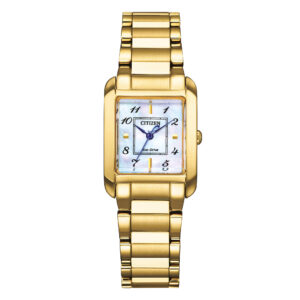 QUESTA è L'IMMAGINE FRONTALE DELL'OROLOGIO CITIZEN LADY SQUARE CON QUADRANTE MM 28 X 21 MADREPERLA E ACCIAIO PLACCATO ORO