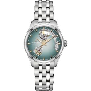 Questa è l'immagine frontale dell'orologio hamilton jazzmaster openheart con quadrante turchese fumè con cassa di mm 36 e movimento automatico