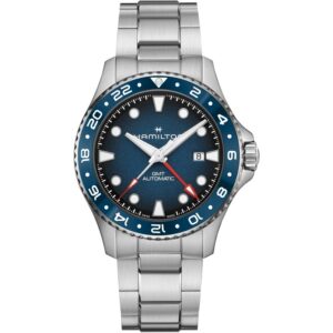 Questa è l'immagine frontale dell'orologio hamilton khaki navy scuba gmt automatico con cassa di mm 43 e quadrante blu