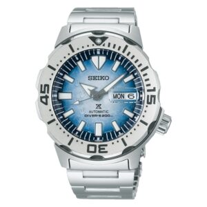 QUESTA è L'IMMAGINE FRONTALE DELL'OROLOGIO SEIKO PROSPEX SAVE THE OCEAN CON QUADRANTE AZZURRO IN EDIZIONE DEDICATA AI PINGUINI CON CASSA DI MM 42.5