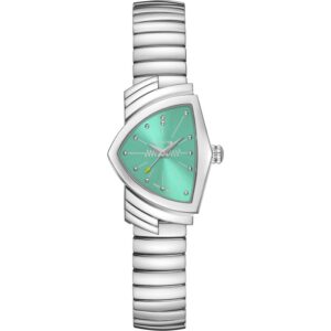 Questa è l'immagine frontale dell'orologio hamilton ventura s con movimento al quarzo, vetro minerale e quadrante color turchese