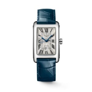 Questa è l'immagine dell'orologio longines dolcevita con quadrante argento di mm 27.70 x 43.80 mm e cinturino in pelle blu