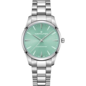 Questa è l'immagine frontale dell'orologio hamilton jazzmaster con quadrante turchese, cassa di mm 40 0e movimento al quarzo