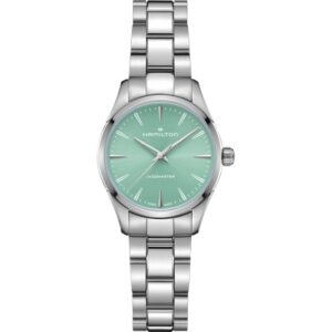 Questa è l'immagine frontale dell'orologio hamilton jazzmaster con quadrante turchese, cassa di mm 32 0e movimento al quarzo