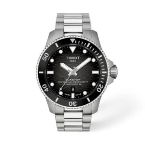 Questa è l'immagine frontale dell'orologio tissot seastar 2000 con quadrante nero, cassa di mm 44 e impermeabilità fino a 600 mt