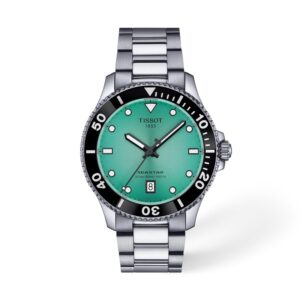 Questa è l'immagine frontale dell'orologio tissot seastar 1000 con quadrante turchese, cassa di mm 40 e movimento al quarzo