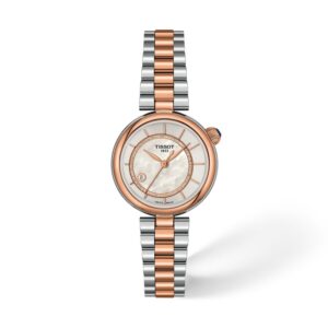 Questa è l'immagine frontale dell'orologio tissot désir con cassa di mm 28, quadrante in madreperla e acciaio e acciaio in pvd rosa