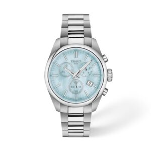 Questa è l'immagine frontale dell'orologio tissot con cassa di mm 36 e quadrante madreperla azzurra