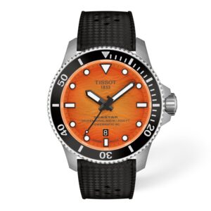 Questa è l'immagine frontale dell'orologio tissot seastar 2000 con quadrante arancione e cassa di mm 44 con cinturino in silicone