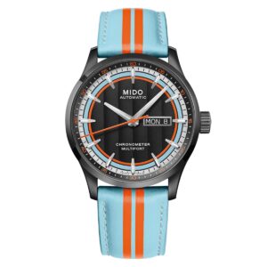 Questa è l'immagine frontale dell'orologio mido Multifort Chronometer 1 Racer in edizione speciale con due cinturini nella scatola