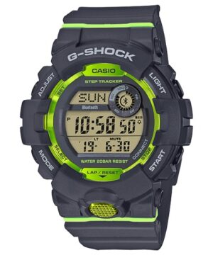 Questa è l'immagine frontale dell'orolgio casio g-squad della linea g-shock nella colorazione grio e giallo lime. orologio adatto per lo sport