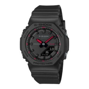 Questa è l'immagine frontale dell'orologio casio g-shock tone on tone nero con elementi rossi