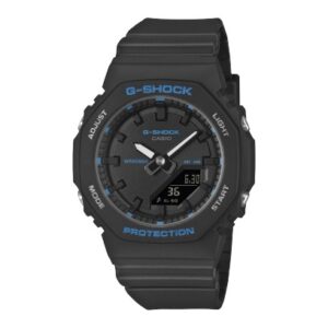 Questa è l'immagine frontale dell'orologio casio g-shock tone on tone nero con elementi azzurri