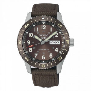 questa e l immagine dell orologio seiko 5 field marrone automatico con cinturino in tessuto e pelle