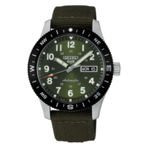 QUESTA E L IMMAGINE DEL SEIKO 5 SPORTS VERDE CON CINTURINO TESSUTO E PELLE AUTOMATICO