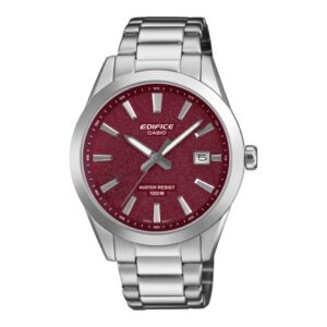 questa è l'immagine frontale dell'orologio casio edifice con quadrante rosso e movimento al quarzo