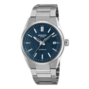 Questa è l'immagine frontale dell'orologio casio edifice con movimento automatico e quadrante blu di mm 38