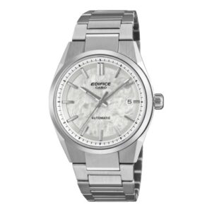 Questa è l'immagine frontale dell'orologio casio edifice con movimento automatico e quadrante argento di mm 38