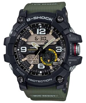 questa è l'immagine frontale dell'orologio casio Master of G MUDMASTER con cassa nera e cinturino verde
