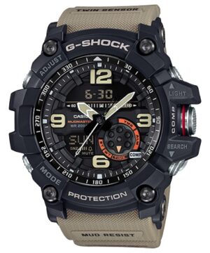 questa è l'immagine frontale dell'orologio casio Master of G MUDMASTER con cassa nera e cinturino beige