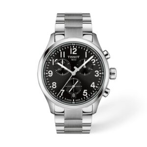 Questa è l'immagine frontale dell'orologio tissot l chrono con quadrante nero e cassa di mm 42 con movimento al quarzo