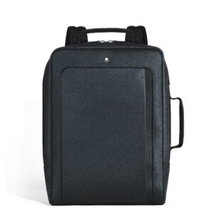 Questa è l'immagine frontale dello zaino rettangolare companion di montblanc, pellame sartorial, colorazione tweed blue