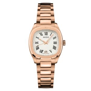 Questa è l'immagine frontale dell'orologio mido multifort tv con movimento al quarzo, diametro cassa di 28 mm e acciaio rivestito in pvd oro rosa