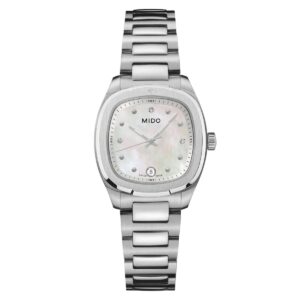 Questa è l'immagine frontale dell'orologio mido multifort tv con movimento al quarzo, diametro cassa di 28 mm e quadrante madreperla con diamanti