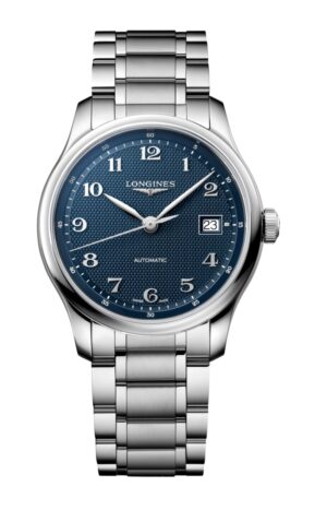 Questa è l'immagine frontale dell'orologio longines master collection con quadrante blu e cassa di mm 39