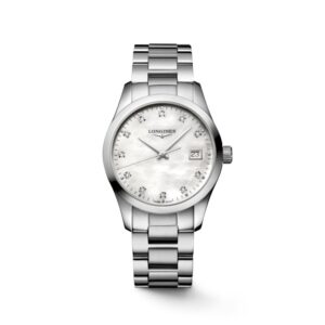 QUESTA è L'IMMAGINE FRONTALE DELL'OROLOGIO LONGINES CONQUEST CON QUADRANTE IN MADREPERLA, INDICI CON DIAMANTI E CASSA DI MM 29.5