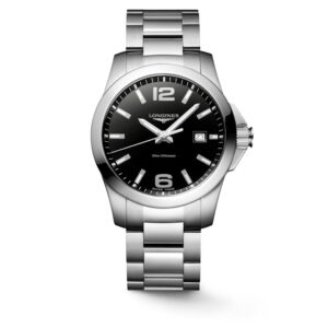 questa è l'immagine frontale dell'orologio longines conquest quarzo con quadrante nero e cassa di mm 41