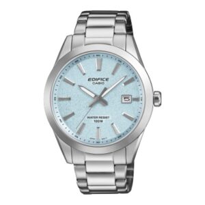 questa è l'immagine frontale dell'orologio casio edifice con quadrante azzurro e movimento al quarzo