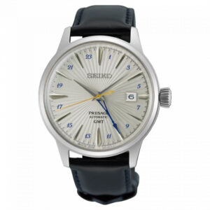 Questa è l'immagine frontale dell'orologio seiko presage cocktail silver bullet con bracciale pelle