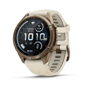 Questa è l'immagine frontale dell'orologio garmin fenix 9 pro con cassa di mm 43 titanio autumn gold con cinturino in silicone cream