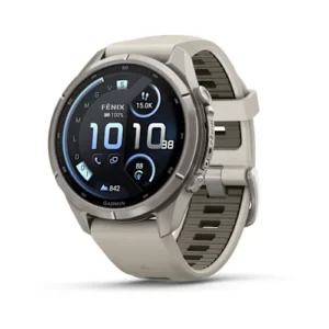 Questa è l'immagine frontale dell'orologio garmin fenix 9 pro con cassa di mm 43 titanio con cinturino in silicone Fog Gray