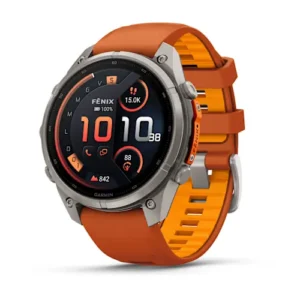 Questa è l'immagine frontale dell'orologio garmin fenix 9 pro Titanio con cinturino in silicone Autumn Orange e cassa di mm 47
