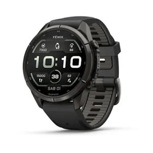 Questa è l'immagine frontale dell'orologio garmin fenix 9 pro con cassa di mm 43 titanio dlc con cinturino in silicone black