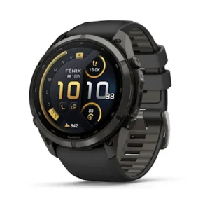Questa è l'immagine frontale dell'orologio garmin fenix 9 pro Titanio DLC Carbon Gray con cinturino in silicone Black e cassa di mm 51