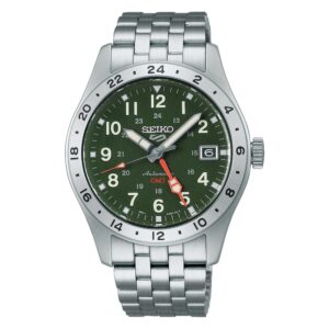 Questa è l'immagine frontale dell'orologio seiko 5 sports gmt con quadrante verde e movimento automatico