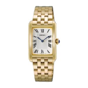 Questa è l'immagine frontale dell'orologio seiko classic donna cassa tectangular da 22 mm e rivestito in pvd oro giallo