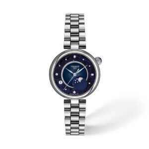 Questa è l'immagine frontale dell'orologio tissot desir moonphase quarzo con quadrante blu e cassa di mm 29,6