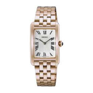 Questa è l'immagine frontale dell'orologio seiko classic donna cassa tectangular da 22 mm e rivestito in pvd oro rosa