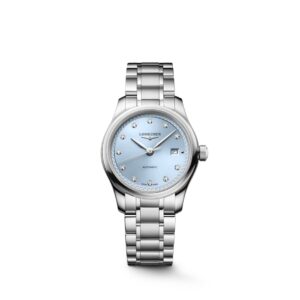 Questa è l'immagine frontale dell'orologio longines master collection con quadrante azzurro con diamanti e cassa di mm 30 con movimento automatico